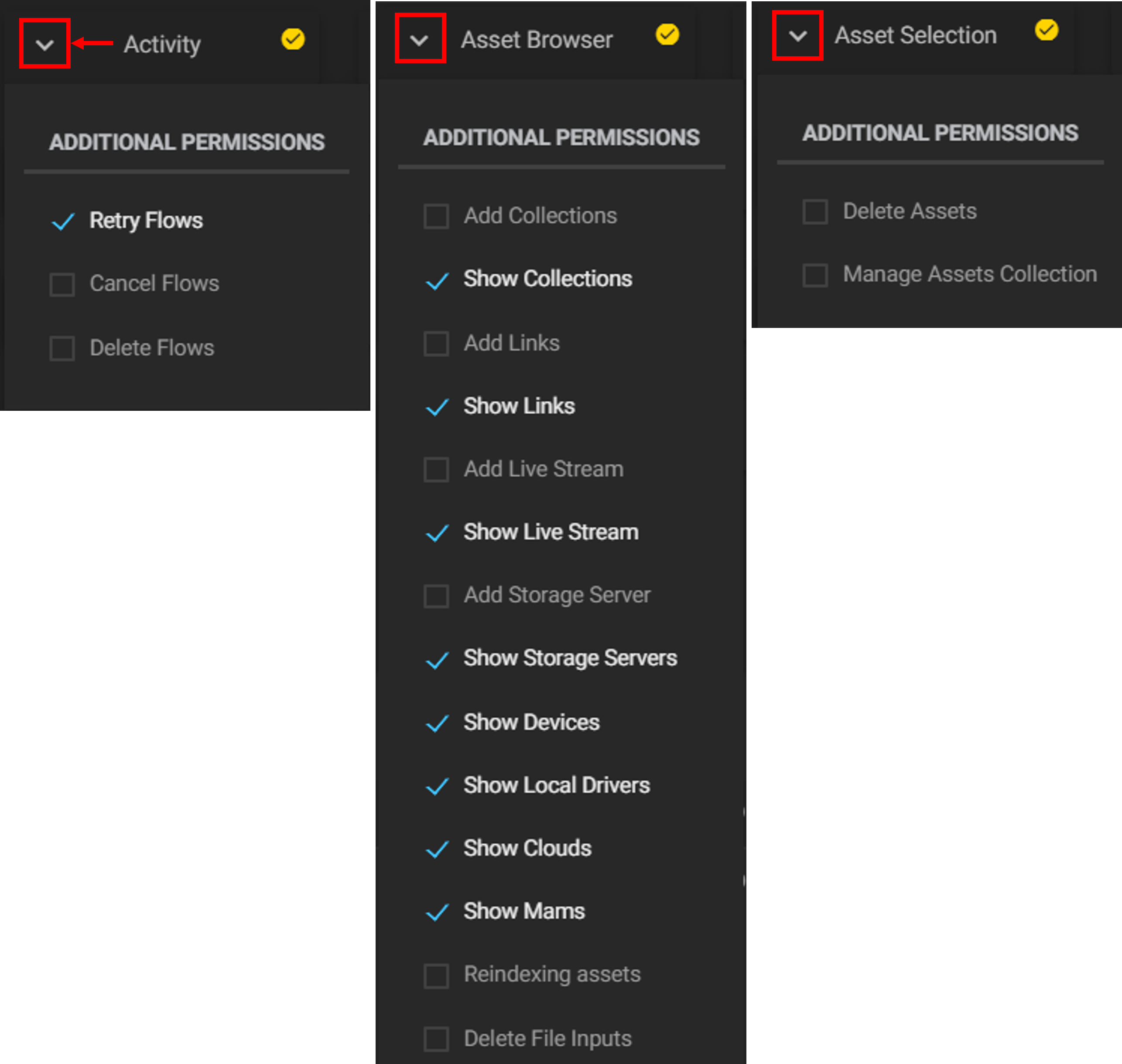 Operator permissions widgets options